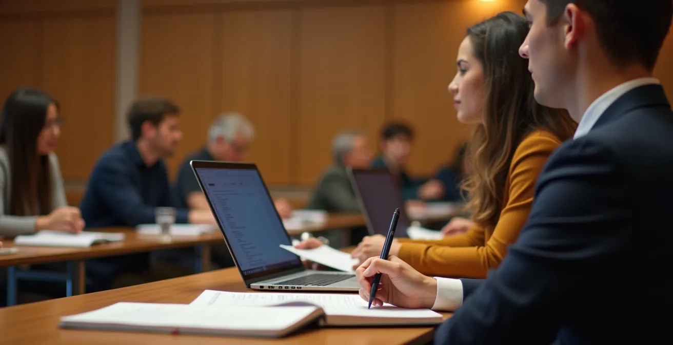 Étudiant en salle de classe universitaire française, en interaction active