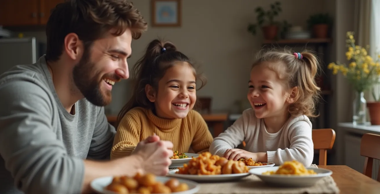 Scène d'une famille française accueillante partageant un moment convivial avec un nouvel arrivant