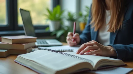Illustration symbolique d'une personne étudiant le français dans un cadre mêlant éducation et vie professionnelle