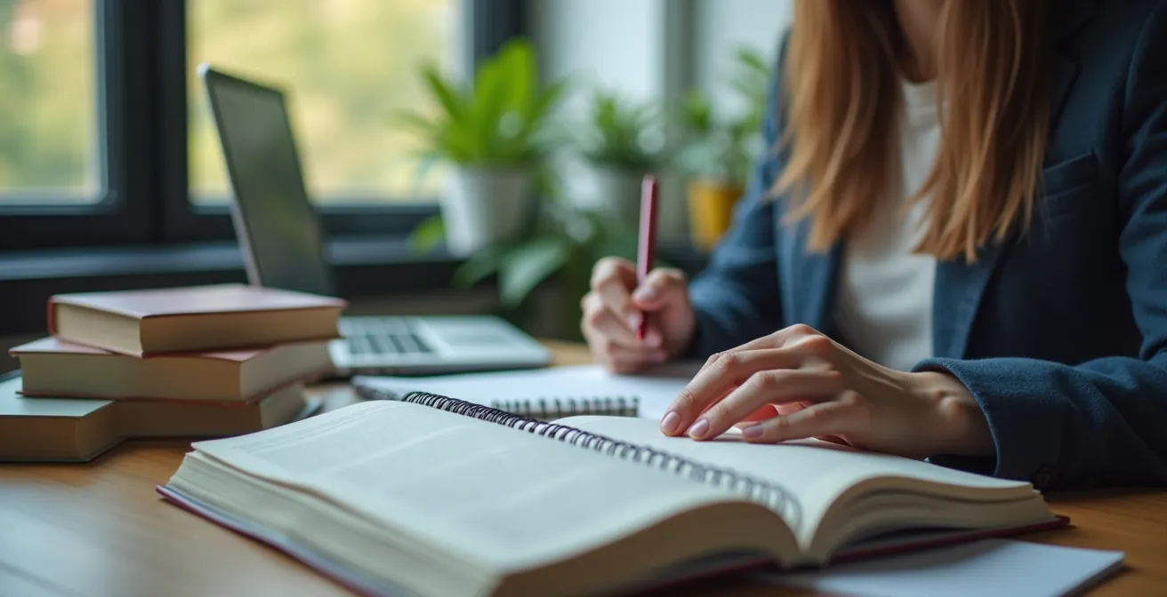 Illustration symbolique d'une personne étudiant le français dans un cadre mêlant éducation et vie professionnelle