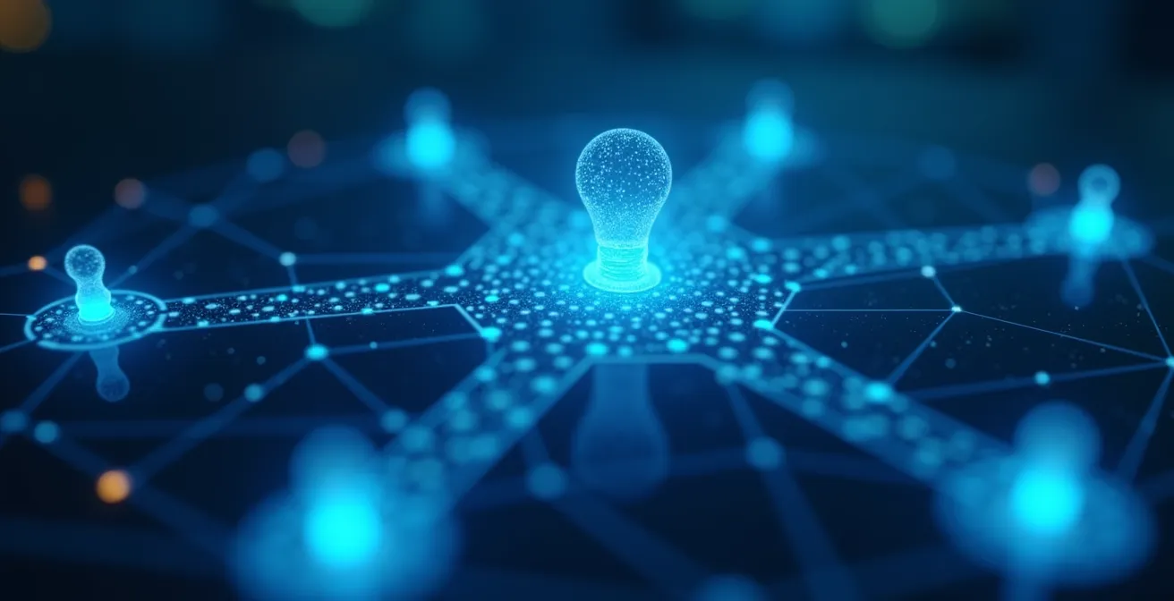 Vue symbolique d’un réseau digital de connexions professionnelles illuminées