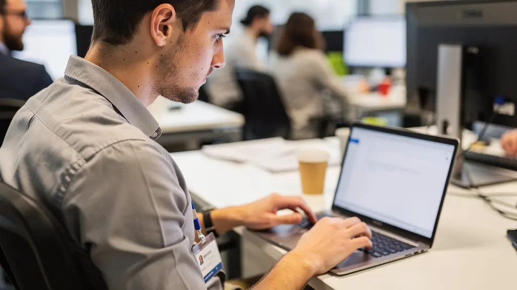 Étudiant en alternance travaillant sur ordinateur dans bureau entreprise Besançon