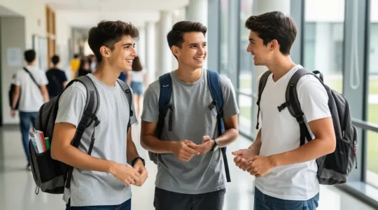 Étudiants école de commerce Besançon échangeant dans couloir moderne