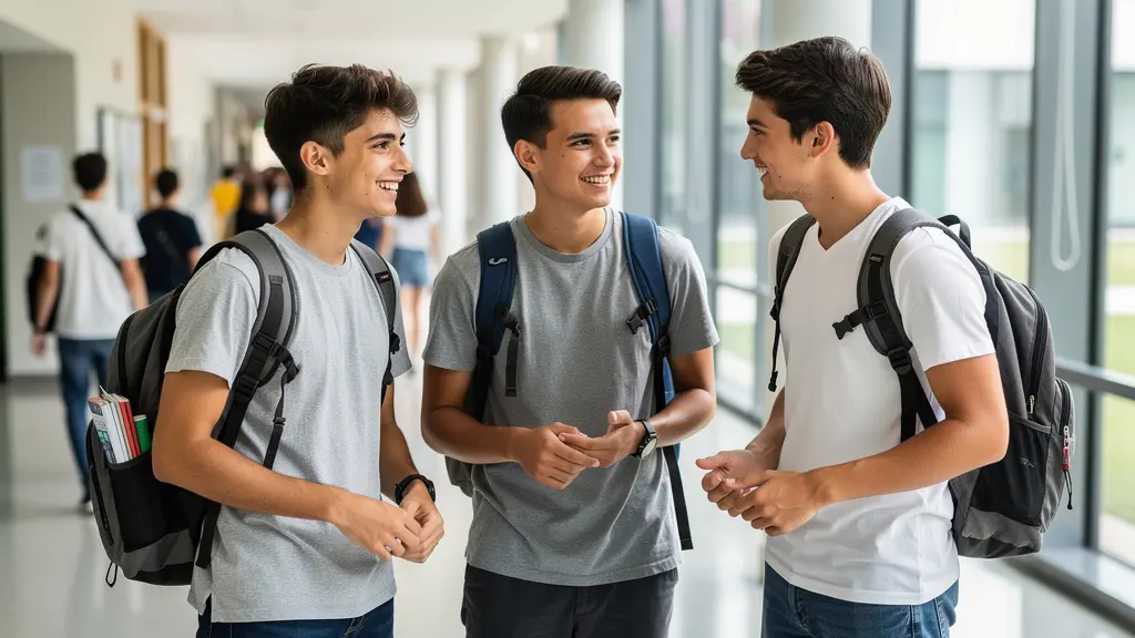 Étudiants école de commerce Besançon échangeant dans couloir moderne