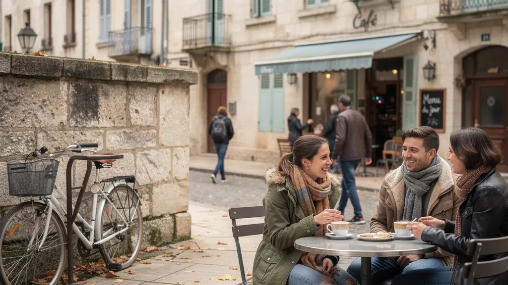 Étudiants à terrasse café centre-ville Besançon ambiance détendue