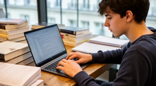 Étudiant concentré révisant en bibliothèque universitaire (prépa PASS)