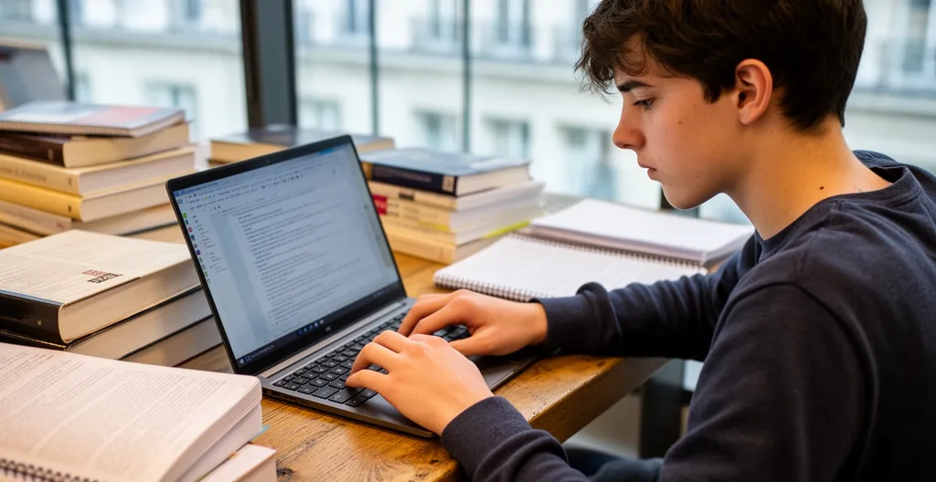 Étudiant concentré révisant en bibliothèque universitaire (prépa PASS)