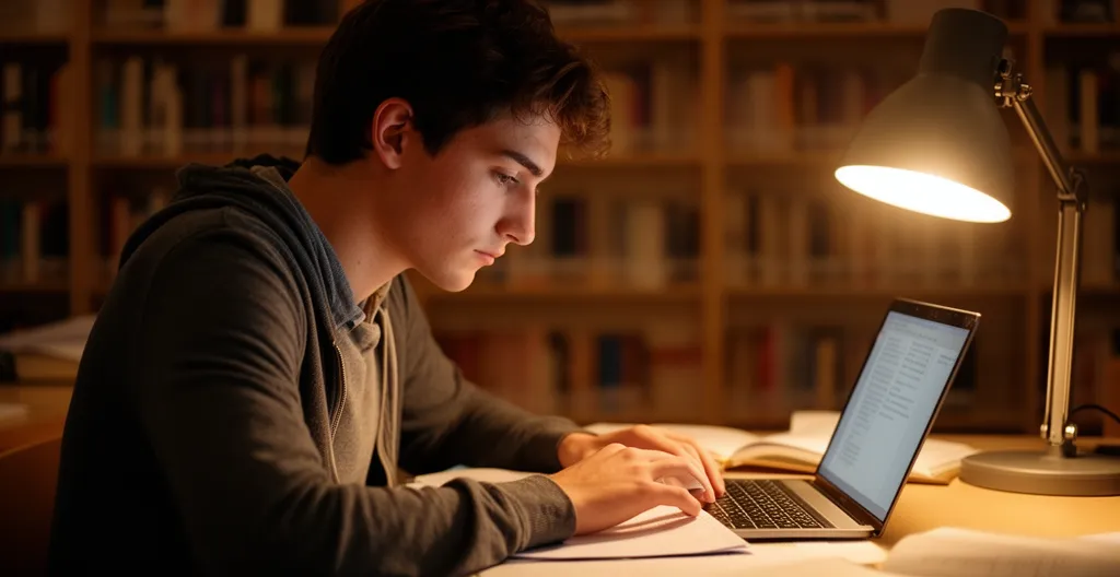 Étudiant travaillant ses révisions en soirée dans un espace calme